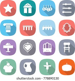 flat vector icon set - star vector, gift, sale, equalizer, column, bridge, hawaiian wreath, restaurant, heart pendant, dresser, chair, cupcake, jug, scarecrow, pumpkin