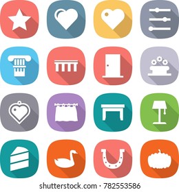 flat vector icon set - star vector, heart, equalizer, column, bridge, door, flower bed, pendant, curtain, table, floor lamp, cake, goose, horseshoe, pumpkin