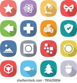 flat vector icon set - star vector, atom, table lamp, bow, left arrow, cross, modern architecture, protected, landscape, ring button, blocks, orbit, 3d, fish, spruce, acorn