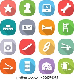 flat vector icon set - star vector, chess horse, notebook, bone, block wall, check in, bed, Chair for babies, washing machine, stairs, link, garlic clasp, walnut crack, pasta, cheese, vacuum cleaner