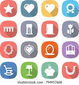 flat vector icon set - star vector, heart, medal, bridge, building, door, perishable, hawaiian wreath, pendant, mirror, dresser, rocking chair, floor lamp, cupcake, horseshoe