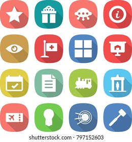 flat vector icon set - star vector, gift, ufo, info, eye, medical flag, window, presentation, terms, document, train, detector, ticket, bulb, satellite, meat hammer