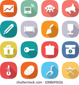 flat vector icon set - statistics vector, notebook wireless, ufo, megafon, medical thermometer, fence, construction, fragile, hi quality package, key, pan, kitchen scales, potato, scoop, iron board