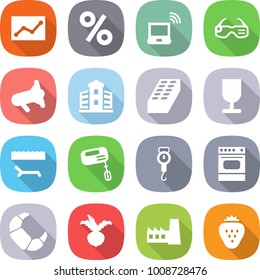 flat vector icon set - statistics vector, percent, notebook wireless, smart glasses, megafon, building, brick, fragile, lounger, mixer, handle scales, oven, croissant, beet, factory, strawberry