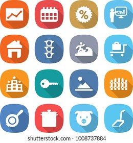 flat vector icon set - statistics vector, calendar, percent, presentation, home, traffic light, surfer, baggage trolley, hotel, key, landscape, fence, pan, pig, scoop