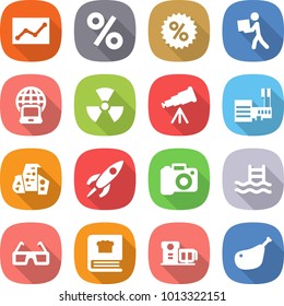 flat vector icon set - statistics vector, percent, courier, notebook globe, nuclear, telescope, mall, modern architecture, rocket, camera, pool, 3d glasses, cooking book, food processor, chicken leg