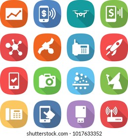 flat vector icon set - statistics vector, phone pay, drone, mobile, virus, satellite, rocket, checking, camera, filter, antenna, office, touchscreen, usb flash, router