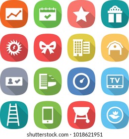 flat vector icon set - statistics vector, calendar, star, gift, sun power, bow, houses, barn, check in, hotel, barometer, tv, ladder, phone, bbq, ecology
