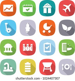 flat vector icon set - statistics vector, calendar, gift, plane, gyroscooter, spark plug, baby stroller, leafs, goverment house, palace, clipboard check, hotel, water tap, battery, bbq