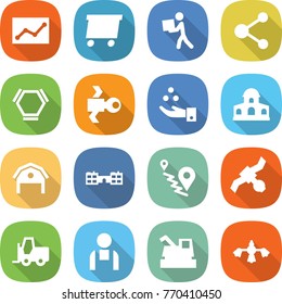 flat vector icon set - statistics vector, delivery, courier, molecule, hex, satellite, chemical industry, mansion, barn, school, route, fork loader, workman, harvester, hard reach place cleaning