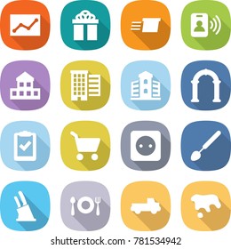 flat vector icon set - statistics vector, gift, delivery, pass card, cottage, houses, building, arch, clipboard check, cart, power socket, big spoon, knife holder, fork plate, pickup, spot