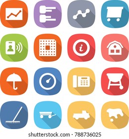 flat vector icon set - statistics vector, diagram, graph, delivery, pass card, cpu, info, house, dry cargo, barometer, office phone, bbq, rake, trailer, pickup, spot