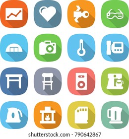flat vector icon set - statistics vector, heart, satellite, smart glasses, hangare, camera, thermometer, intercome, stool, chair, speaker, coffee maker, kettle, fireplace, sd card