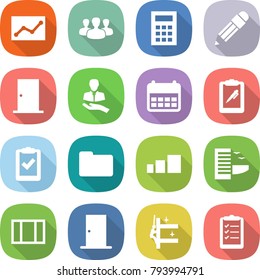 flat vector icon set - statistics vector, group, calculator, pencil, door, client, calendar, clipboard pen, check, documents, sorting, hotel, window, skyscrapers cleaning, list