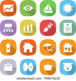 flat vector icon set - statistics vector, eye, boat, chip, structure, graph up, syringe, recipe, tower, home, lounger, pan, coil, pig