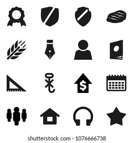 Flat vector icon set - steak vector, pen, corner ruler, medal, dollar growth, man, calendar, cereals, no hook, protected, headphones, shield, user, house, catalog, star