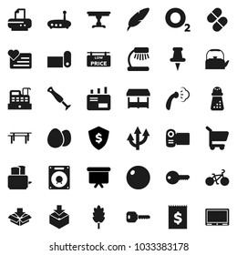 Flat vector icon set - steaming vector, kettle, hand mill, toaster, cereal, egg, pen, table lamp, presentation board, dollar shield, bike, horizontal bar, fitball, fitness mat, heart monitor, oxygen