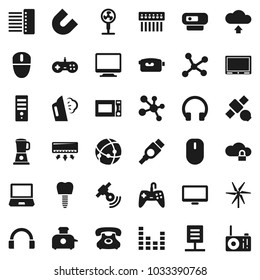 Flat vector icon set - steaming vector, microwave oven, magnet, molecule, satellite, phone, satellitie, equalizer, video camera, headphones, monitor, hdmi, tooth implant, connection, network, hub