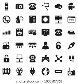 Flat vector icon set - steaming vector, heart monitor, earth, phone, sorting, video camera, classic, rec button, rca, hdmi, diagnostic, network, notebook, server, cloud lock, browser, firewall, iron