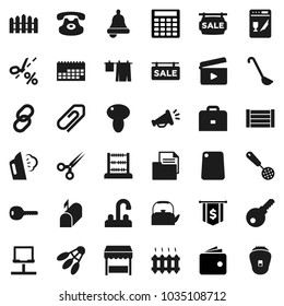 Flat vector icon set - steaming vector, drying clothes, water tap, kettle, skimmer, ladle, cutting board, mushroom, case, bell, abacus, wallet, calculator, dollar flag, shuttlecock, calendar, link