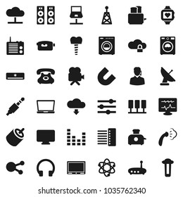 Flat vector icon set - steaming vector, washer, toaster, atom, magnet, heart monitor, phone, antenna, equalizer, video camera, headphones, social media, rca, jack, diagnostic, tooth implant, server