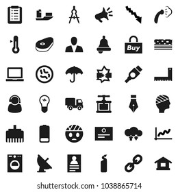 Flat vector icon set - steaming vector, cleaning agent, cook press, thermometer, steak, pen, corner ruler, drawing compass, bell, notebook pc, certificate, personal information, graph, crisis, ship