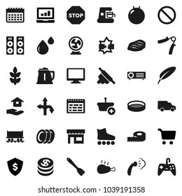 Flat vector icon set - steaming vector, house hold, kettle, spatula, rolling pin, plates, sieve, steak, chicken leg, pen, schedule, cart, laptop graph, dollar shield, measuring, hand trainer, route