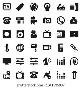 Flat vector icon set - steaming vector, microwave oven, thermometer, world, navigator, satellite, tv, equalizer, video camera, notebook pc, classic phone, rec button, tomography, connection, server