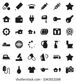 Flat vector icon set - steaming vector, toilet, sprayer, oil, plates, jug, pencil, microscope, school bus, world, scales, target, medal, pills, dry cargo, syringe, eye doctor hat, drop counter, key