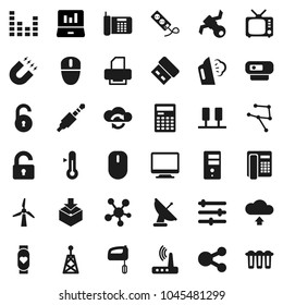 Flat vector icon set - steaming vector, thermometer, calculator, magnet, laptop graph, heart monitor, satellite, package, antenna, tv, equalizer, social media, jack, network, server, cloud exchange