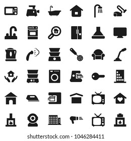 Flat vector icon set - steaming vector, bath, house hold, water tap, skimmer, oven, double boiler, dry cargo, tv, apartments, search estate, key, cushioned furniture, love home, fireplace, fridge