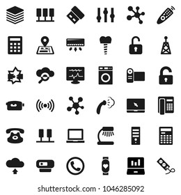 Flat vector icon set - steaming vector, washer, table lamp, calculator, notebook pc, laptop graph, molecule, heart monitor, navigator, antenna, settings, video camera, remote control, classic phone
