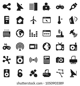 Flat vector icon set - steaming vector, toaster, thermometer, calculator, molecule, earth, satellite, antenna, radio, satellitie, gamepad, equalizer, speaker, hdmi, network, server, browser, hub, tv