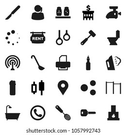 Flat vector icon set - steaming vector, toilet, cleaning agent, skimmer, ladle, meat hammer, spices, oil, japanese candle, bank building, horizontal bar, gymnast rings, map pin, support, antenna