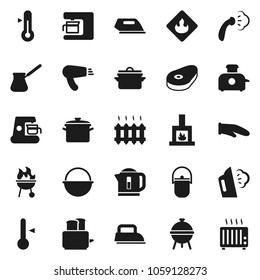 Flat vector icon set - steaming vector, pan, camping cauldron, cook glove, turk coffee, toaster, thermometer, bbq, steak, flammable, fireplace, heating, iron, maker, hair dryer, kettle, heater
