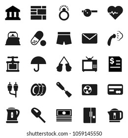 Flat vector icon set - steaming vector, plates, kettle, cook press, spatula, bank, cash, annual report, heart pulse, boxing glove, shorts, pills, consolidated cargo, umbrella, rca, eye doctor hat