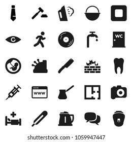 Flat vector icon set - steaming vector, water closet, camping cauldron, kettle, knife, turk coffee, auction, tie, run, disk, camera, dialog, stop button, thermometer, eye, pregnancy, syringe, tooth