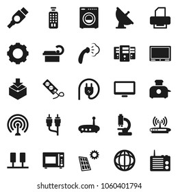 Flat vector icon set - steaming vector, microwave oven, world, package, satellite antenna, remote control, monitor, rca, hdmi, microscope, tomography, server, gear, router, solar panel, washer, tv