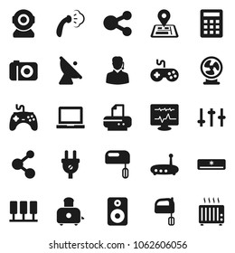 Flat vector icon set - steaming vector, mixer, toaster, notebook pc, molecule, navigator, satellite antenna, gamepad, settings, speaker, diagnostic monitor, server, router, share, air conditioner