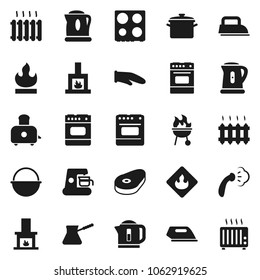 Flat vector icon set - steaming vector, pan, camping cauldron, kettle, cook glove, turk coffee, toaster, oven, bbq, steak, flammable, fireplace, heating, iron, maker, heater