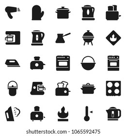 Flat vector icon set - steaming vector, pan, camping cauldron, kettle, cook glove, turk coffee, toaster, oven, thermometer, bbq, flammable, iron, maker, hair dryer