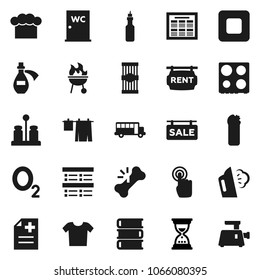 Flat vector icon set - steaming vector, drying clothes, cleaning agent, water closet, cook hat, oven, spices, bbq, pasta, oil, book, schedule, school bus, exam, sand clock, oxygen, touchscreen, rent
