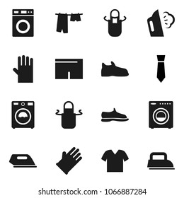 Flat vector icon set - steaming vector, drying clothes, washer, rubber glove, apron, tie, snickers, shorts, iron