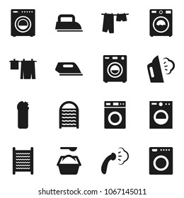 Flat vector icon set - steaming vector, drying clothes, washer, washing powder, cleaning agent, washboard, iron
