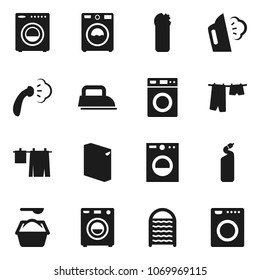 Flat vector icon set - steaming vector, drying clothes, washer, washing powder, cleaning agent, washboard, iron