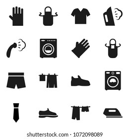 Flat vector icon set - steaming vector, drying clothes, washer, rubber glove, apron, tie, snickers, shorts, iron