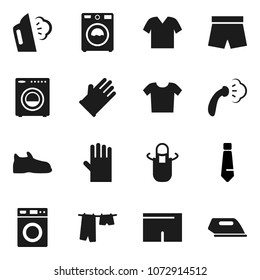 Flat vector icon set - steaming vector, drying clothes, washer, rubber glove, apron, tie, snickers, shorts, iron