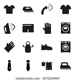 Flat vector icon set - steaming vector, drying clothes, washer, rubber glove, apron, tie, snickers, shorts, iron