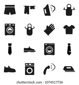 Flat vector icon set - steaming vector, drying clothes, washer, rubber glove, apron, tie, snickers, shorts, iron