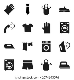 Flat vector icon set - steaming vector, drying clothes, washer, rubber glove, apron, tie, snickers, shorts, iron